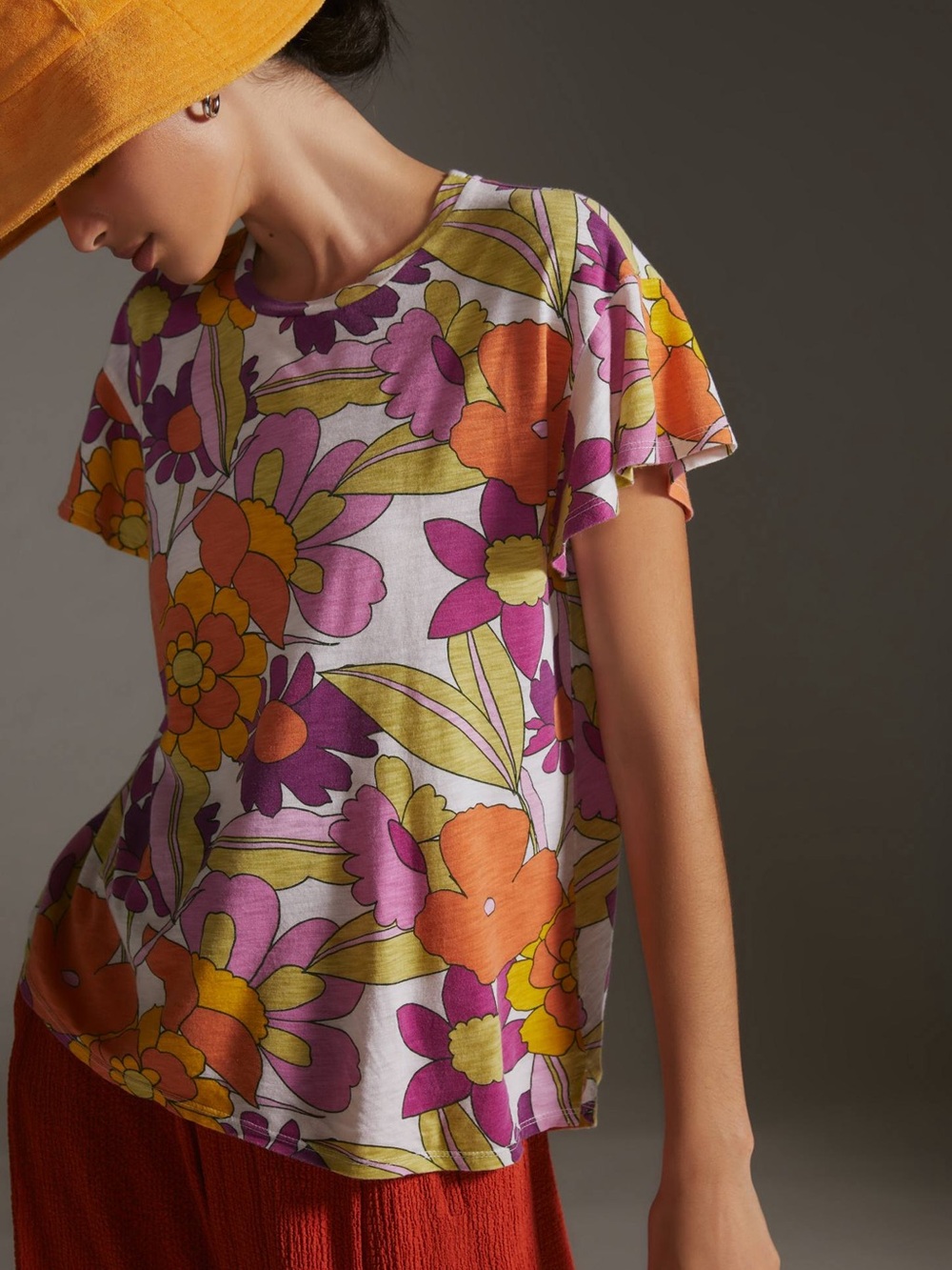 T.la Anthropologie Flutter sleeve Top in Orange & Purple $59 msrp